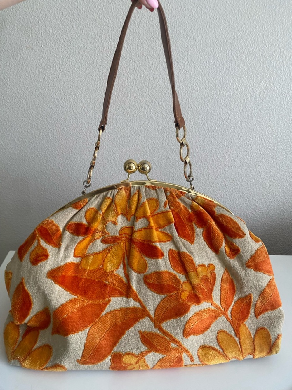Glenda Gies Orange Floral Velvet Frame Clutch with Gold Accent